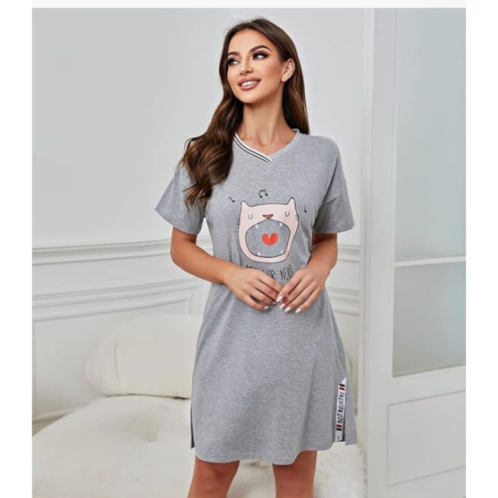 NWT "Meow or Never" Gray Kitty Cat Short Sleeve Sleepshirts Nightgown pajamas L